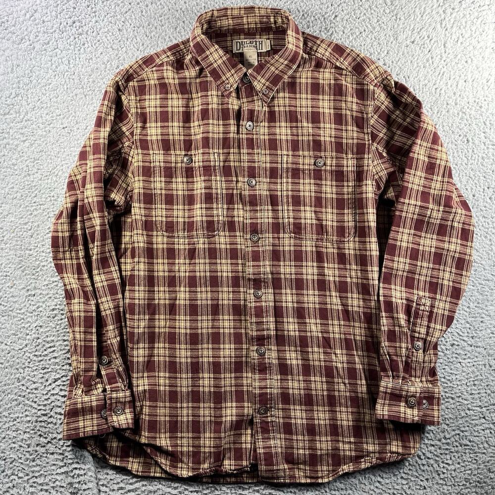 Duluth Trading Co Men's XL Trim Fit Flannel Shirt Maroon Plaid 100% Cotton LS
